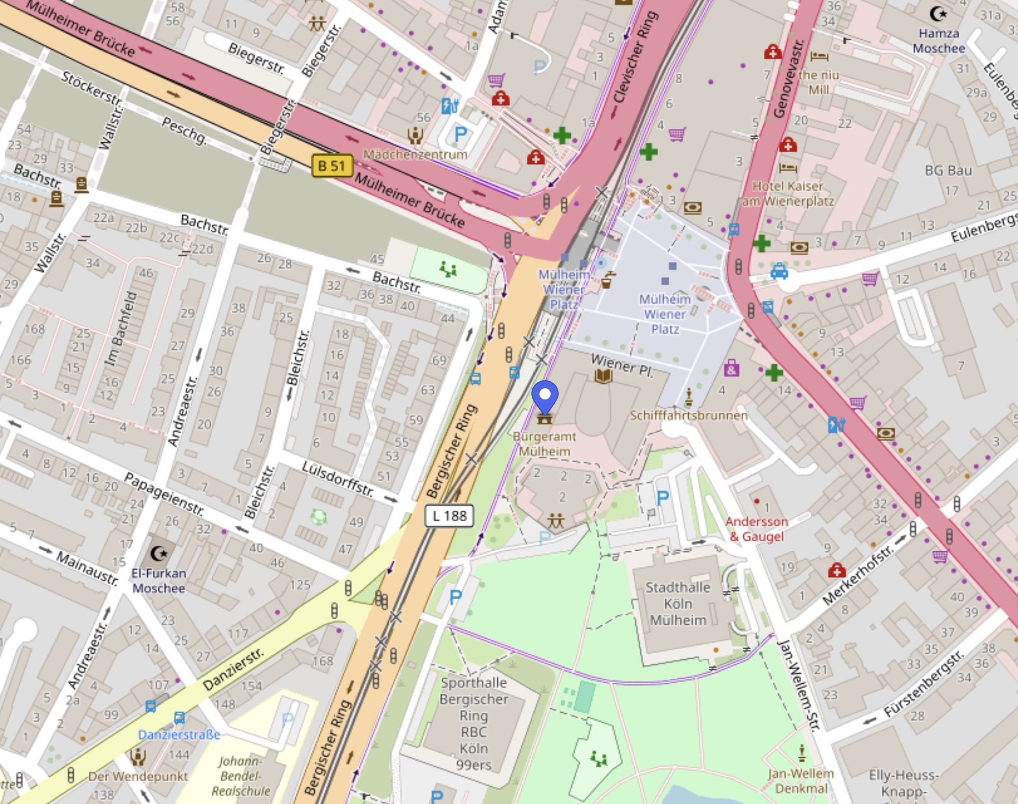 karte-wiener-platz Kartenausschnitt rund um den Wiener Platz und das Bezirksrathaus in Köln-Mülheim